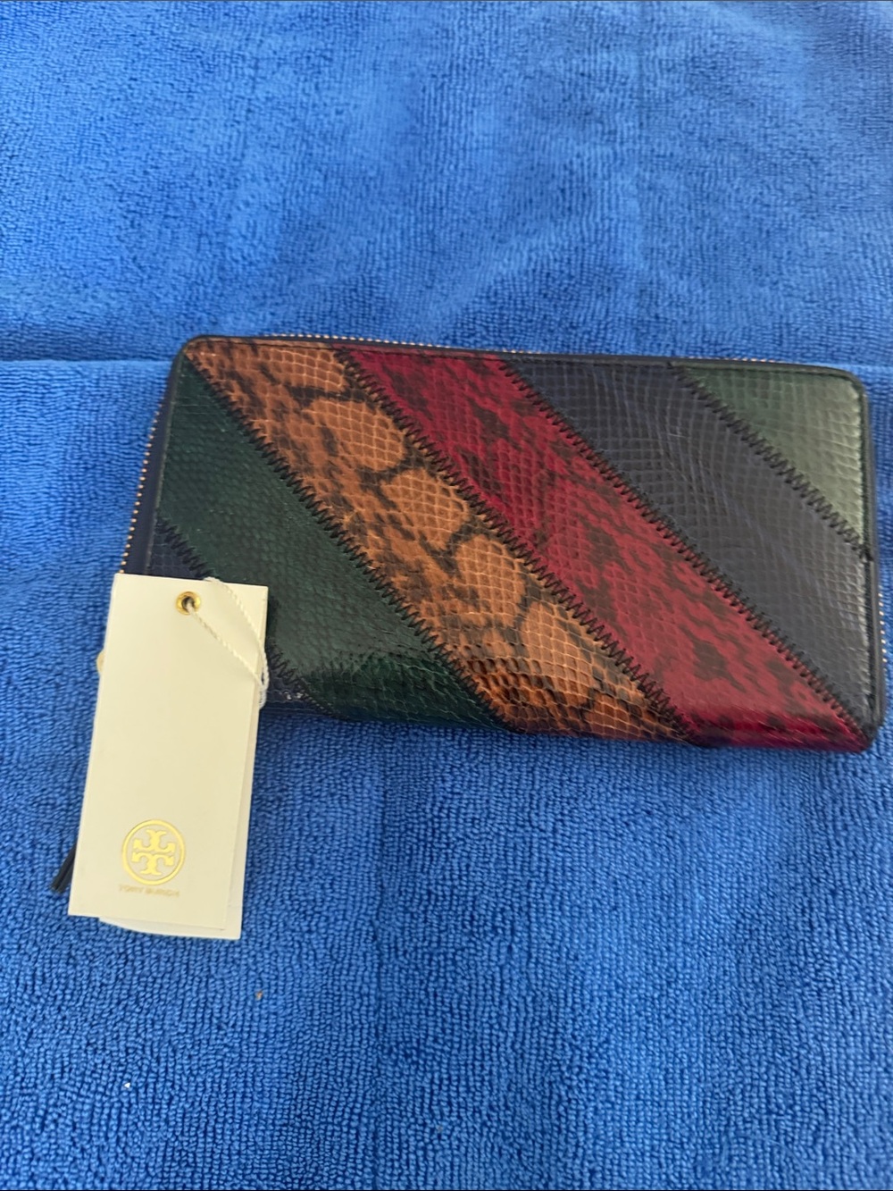 Tory Burch Diagonal Multi-Panel Zip Wallet in Green, Brown, Burgundy, Black